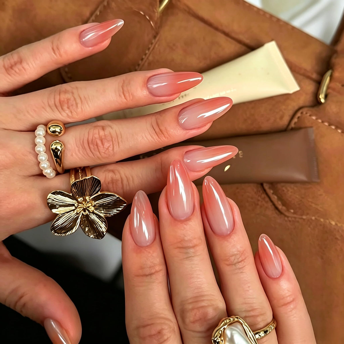 White French Tip Press On Nails Almond - KQueenest Chrome Press On Nails Medium, Glazed Natural Light Nude Fake Nails Press on, Reusable Glue on Nails Stick On Nail for Women Bridal Wedding