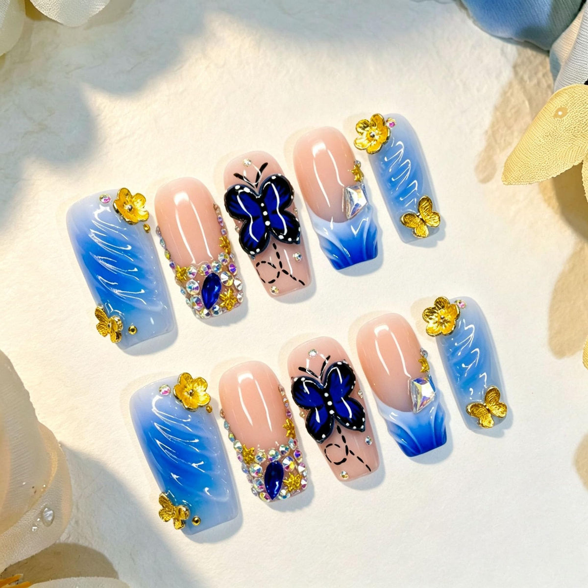 Luxury Handmade Press on Nails Medium Square Fake Nails Blue French False Nails with Ombre 3D Flower Art Design Acrylic Nails Handmade Stick on Nail for Women Manicure 10Pcs (Size M)