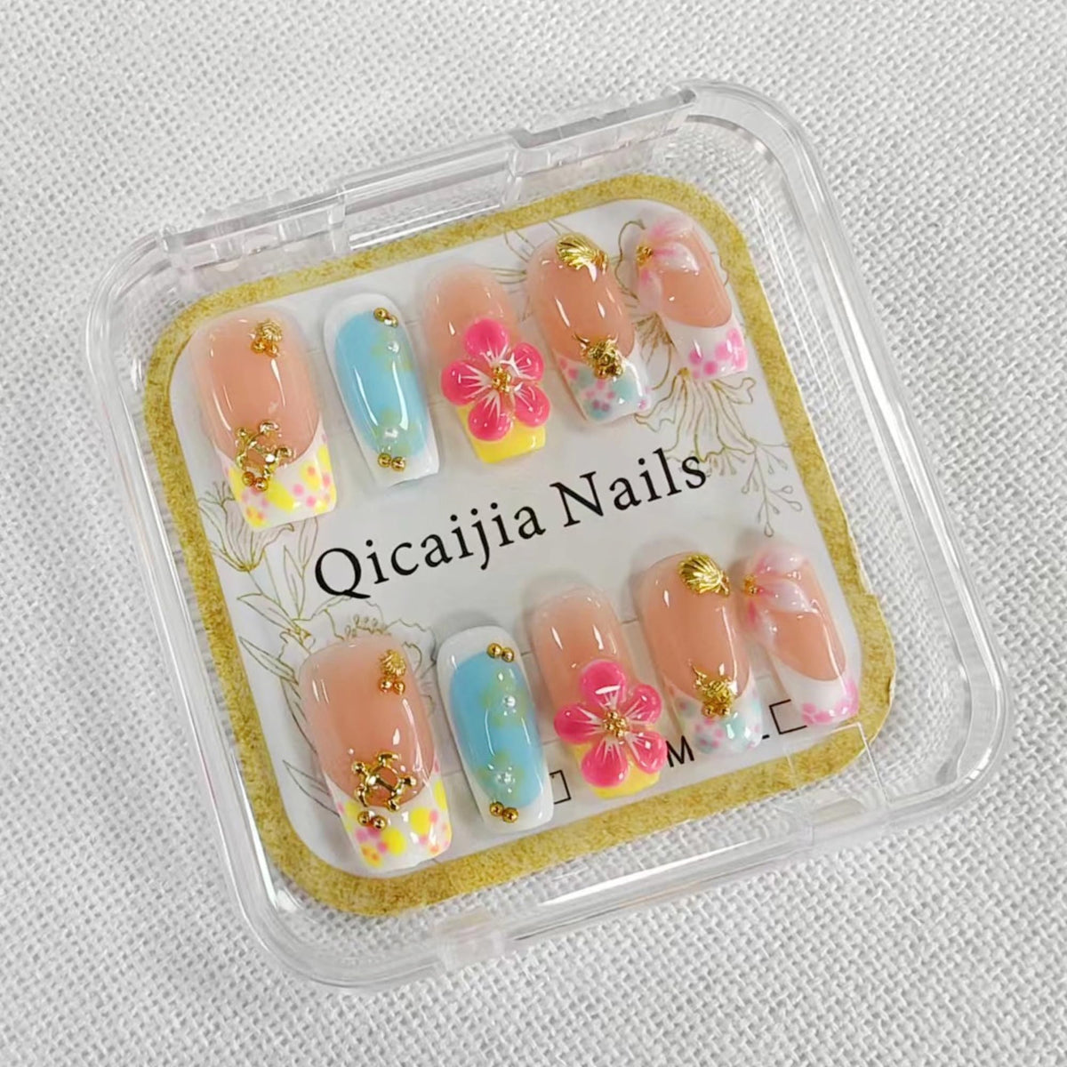 Luxury Handmade Press on Nails Medium Square Fake Nails Blue French False Nails with Ombre 3D Flower Art Design Acrylic Nails Handmade Stick on Nail for Women Manicure 10Pcs (Size M)
