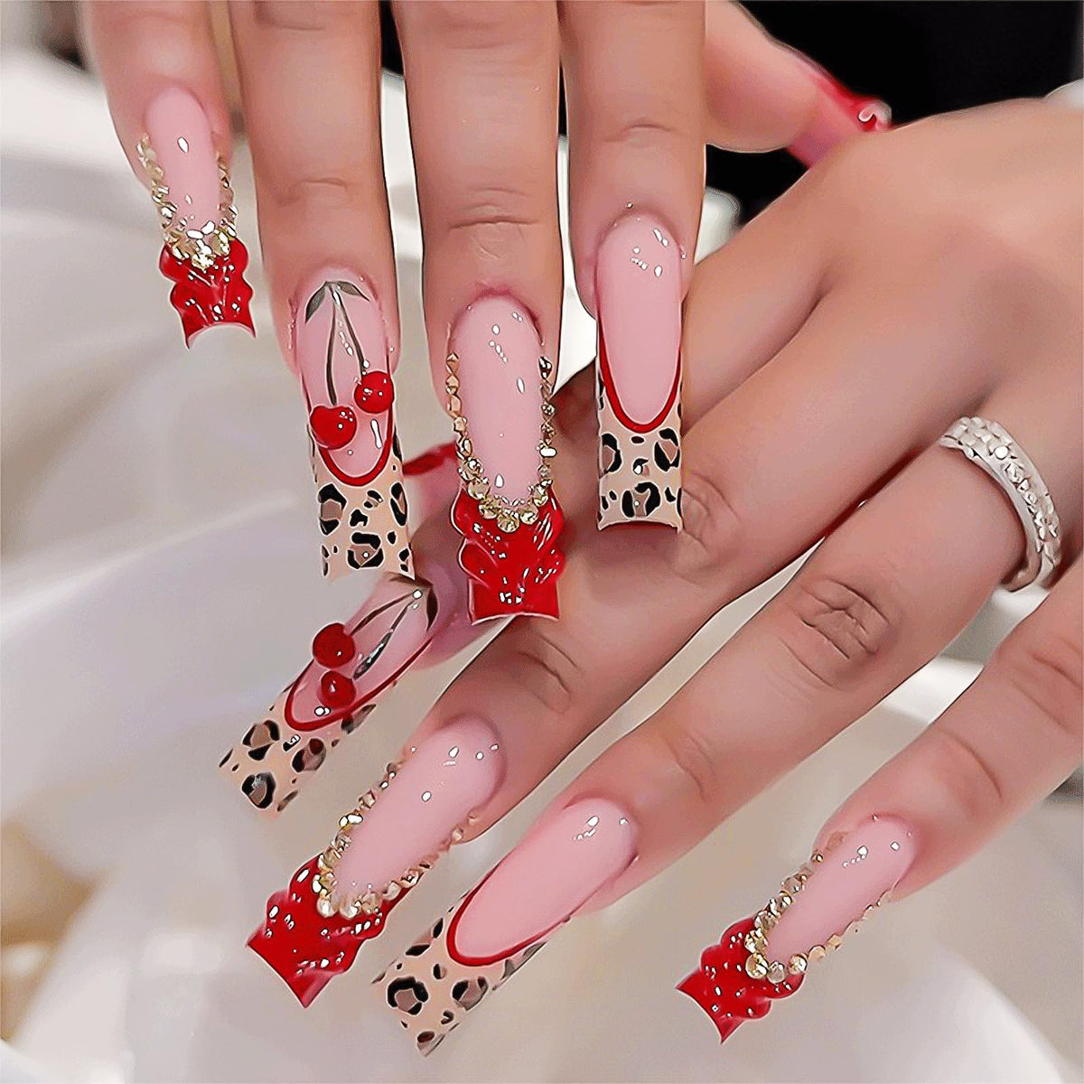 Press on Nails Long Square - 3D Flower Fake Nails with Pearls Design, Luxury Gold Chrome Butterfly French Tip Baroque Baddie False Nails for Women, 24 Pcs