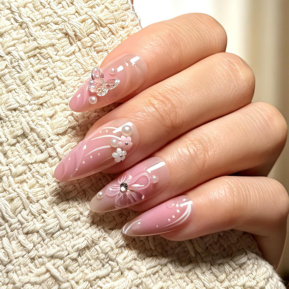 Press on Nails, 6 Packs (144 Pcs) Medium Almond Sets, Wedding French