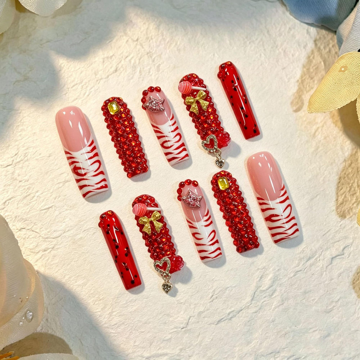 Luxury Handmade Press on Nails Long Coffin Fake Nails Rhinestone Crystal Full Cover False Nails with Glue with Designs Sparkly Long Acrylic Nail Reusable Stick on Nail for Women 10Pcs(Size M)