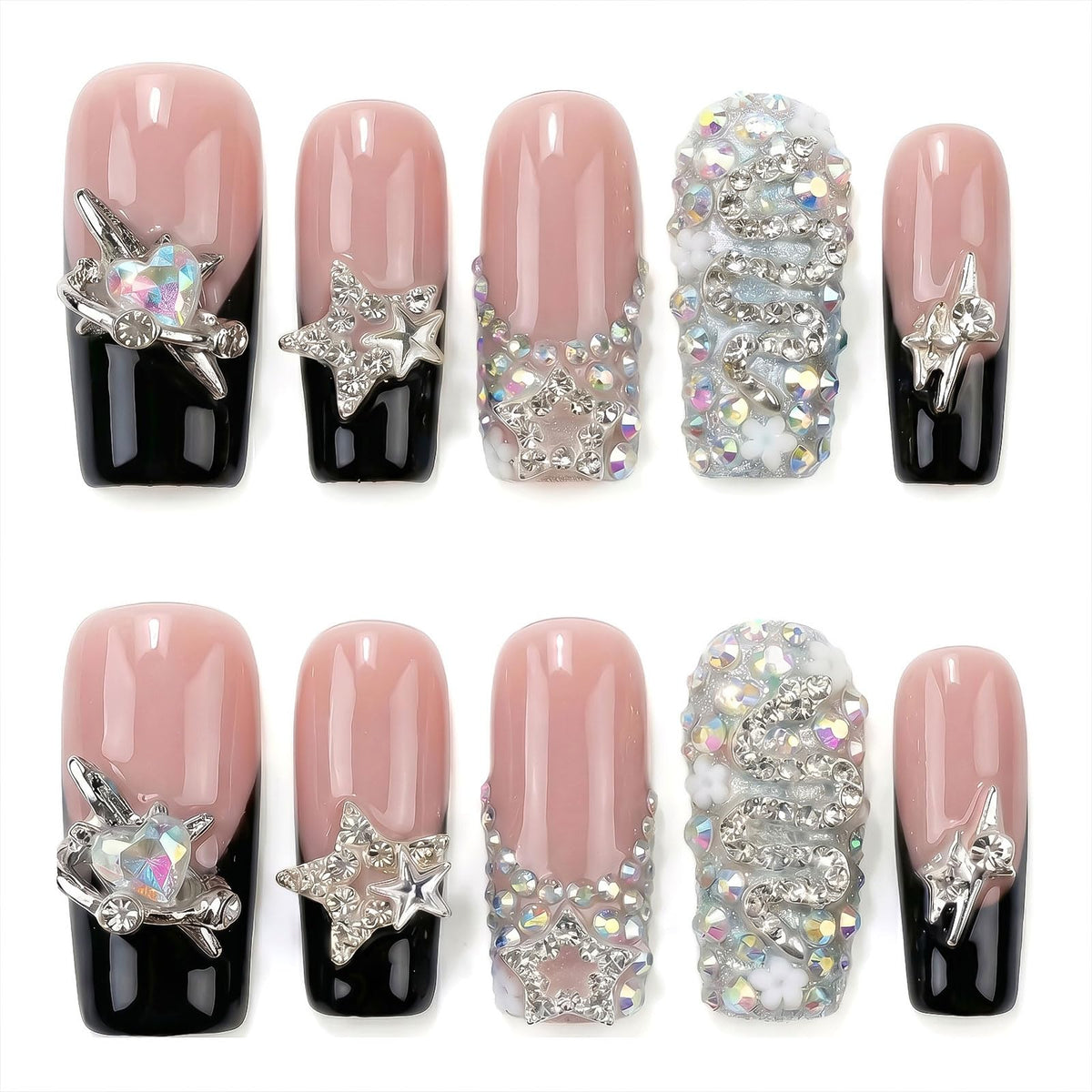 Long Square Handmade Press on Nails - White French Tip Acrylic Fake Nails with Crystals Gems, Elegant Bridal Reusable False Nails for Wedding Manicure 10 Pack (Size M)