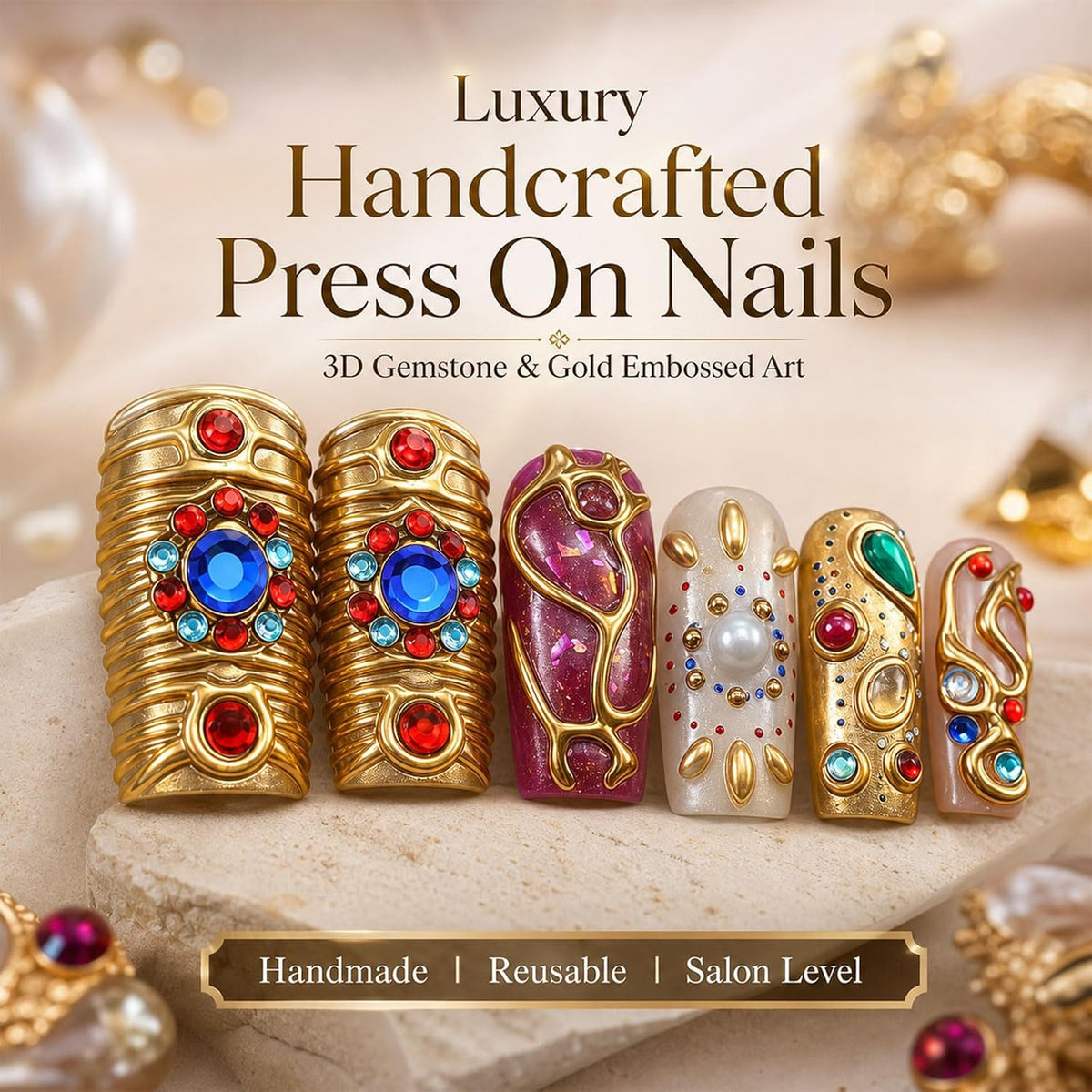 Medium Almond Press on Nails - 3D Gemstone & Gold Embossed Art, 24Pcs Reusable Fake Nails with Multi-layered gel polish finish, Salon level Fake Nails for Weddings, Parties, Special Events (ZF308)