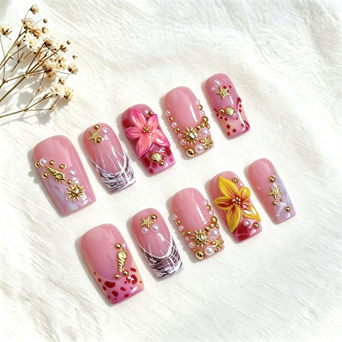 Handmade Press on Nails Medium Square Brown Gradient False Nails with 3D Flower and Swirl Design French Tip Fake Nails Luxury Reusable Acrylic Nails Press Ons for Women 10Pcs (Size M)