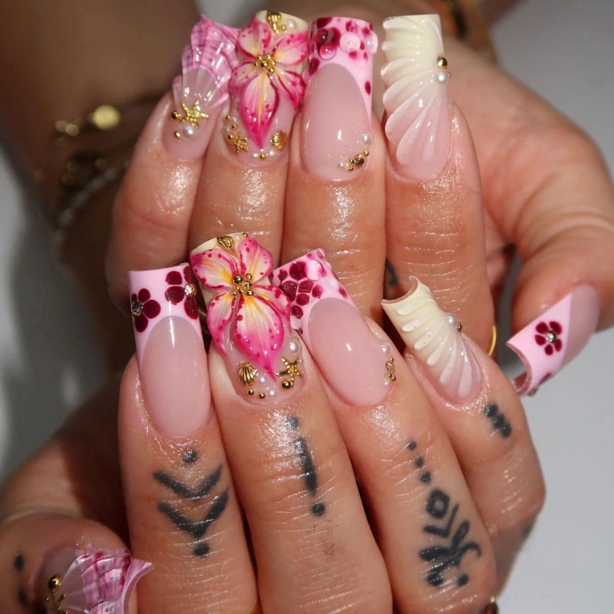 BABALAL Press on False Nails Long Square Fake Nails Black and Gold Chrome Gothic Glue on Cross Charm Luxury 3d Design French Tip Acrylic 24Pcs Y2k Handmade Custom Full Cover Gel Nails