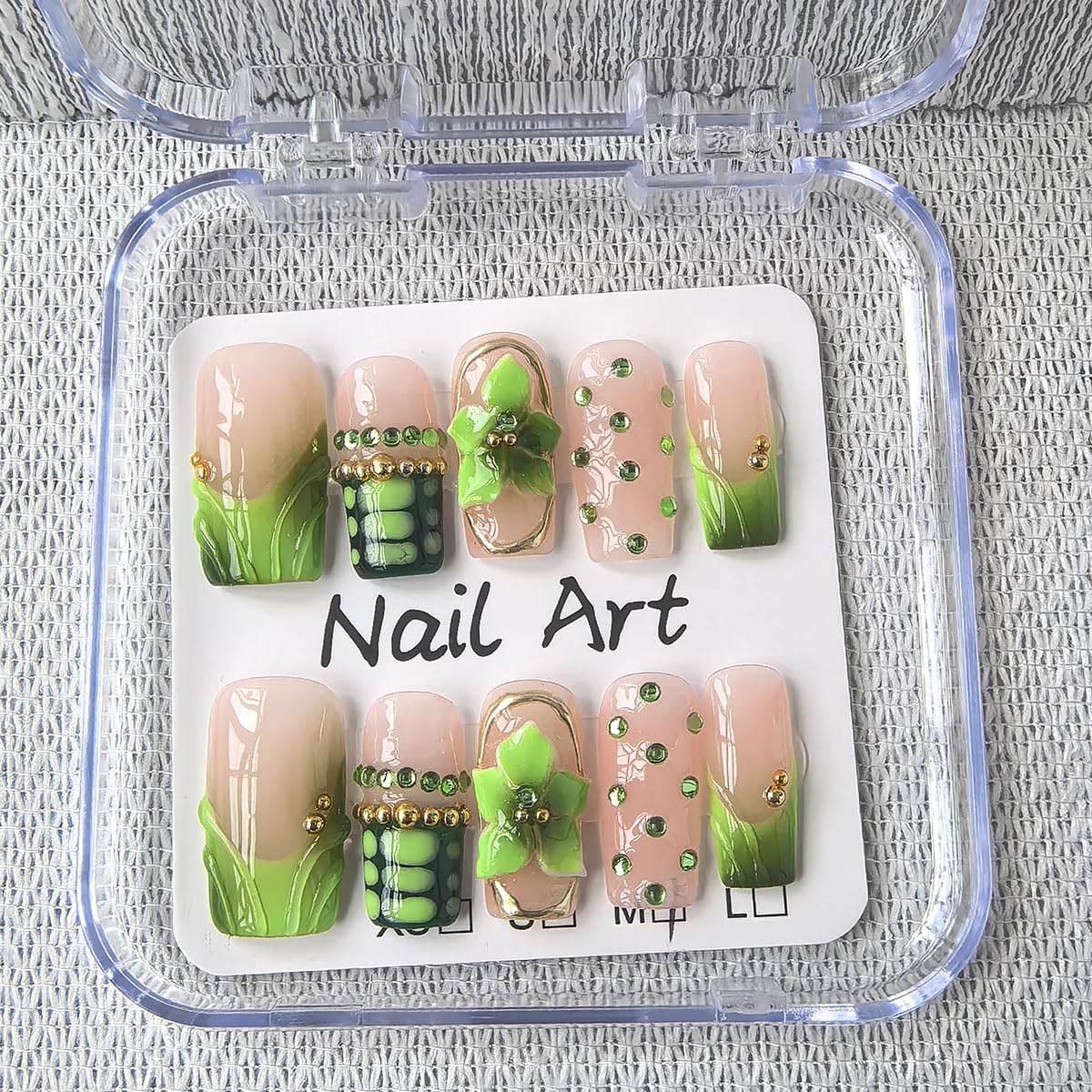 Handmade Press on Nails Medium Square Fake Nails Green Ombre French Tip with 3D Flower Designs luxury Rhinestones Glossy Cute Acrylic Nails for Women 10pcs (Size M）