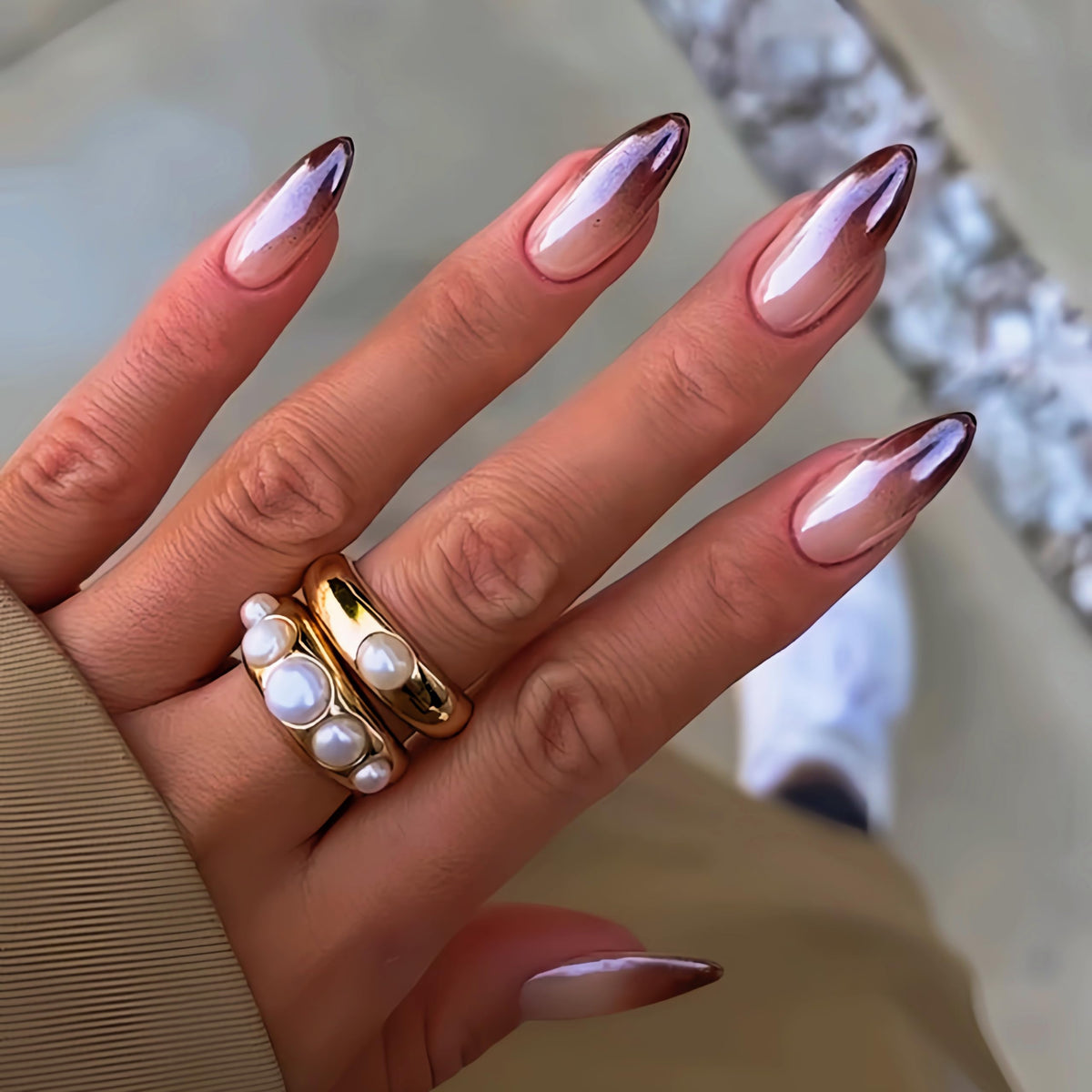 White French Tip Press On Nails Almond - KQueenest Chrome Press On Nails Medium, Glazed Natural Light Nude Fake Nails Press on, Reusable Glue on Nails Stick On Nail for Women Bridal Wedding