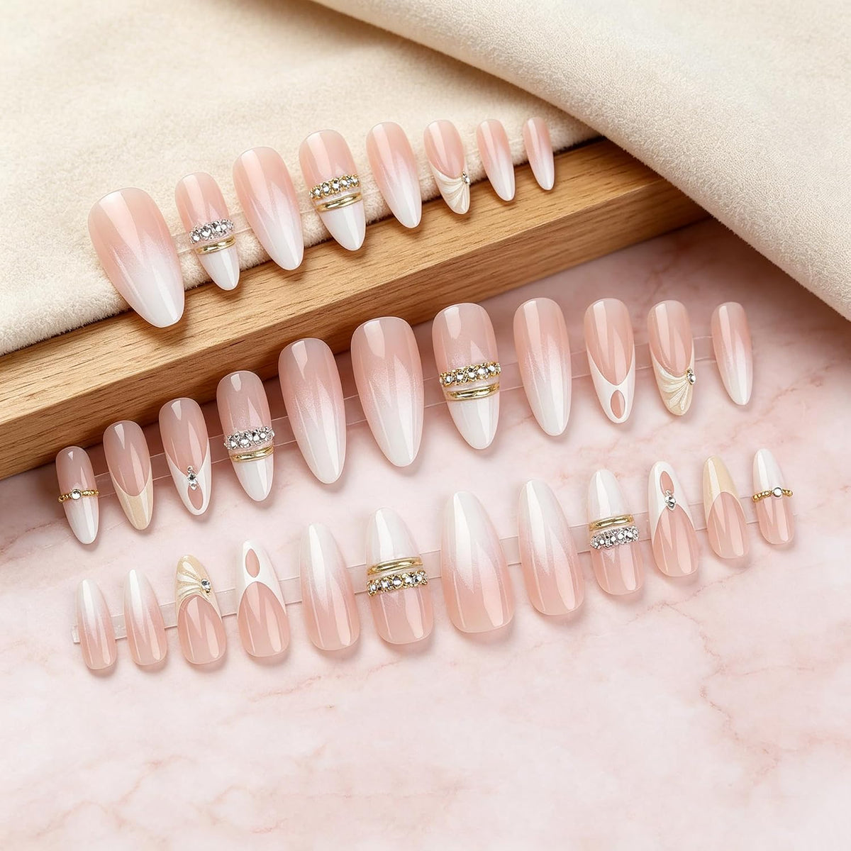 BABALAL Press On Nails - Medium Almond Fake Nails, Pink White Gradient, Rhinestone Gold Bangle, Glossy Coquette Wedding Bridal Glue On Nails 24Pcs