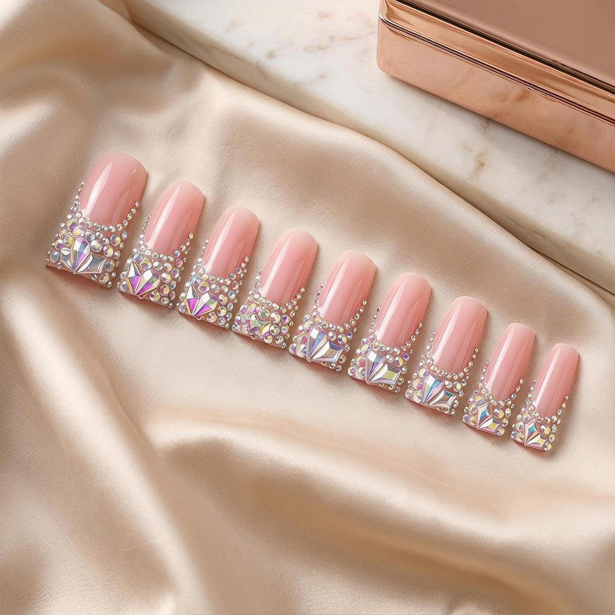 Handmade Long Duck Press on Nails - Luxury Crystal French Tip False Nails with Rhinestones, Diamond Jelly Pink Fake Nails, 10 Pack Gel Nails for Women (Size M)