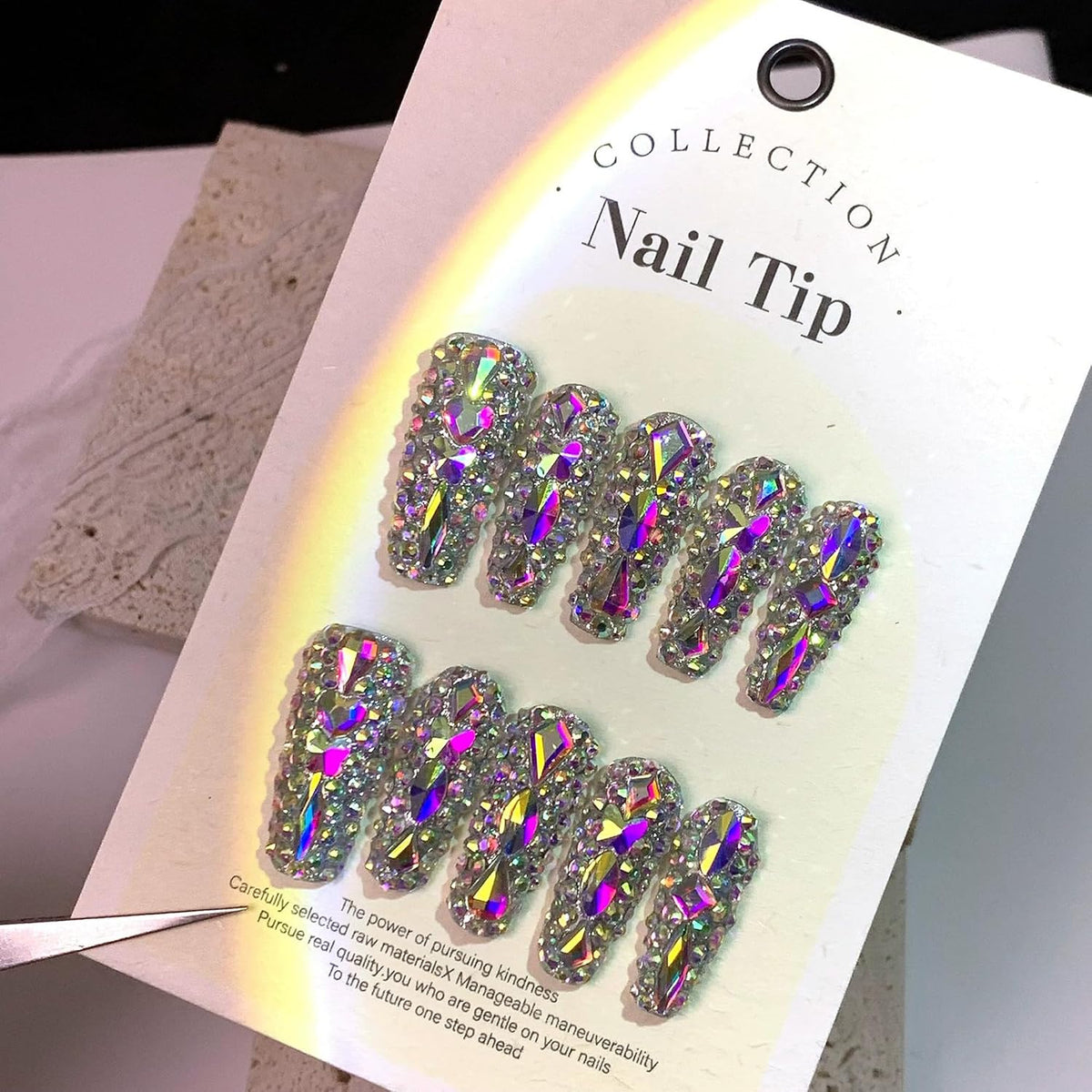 Luxury Handmade Press on Nails Long Coffin Fake Nails Rhinestone Crystal Full Cover False Nails with Glue with Designs Sparkly Long Acrylic Nail Reusable Stick on Nail for Women 10Pcs(Size M)