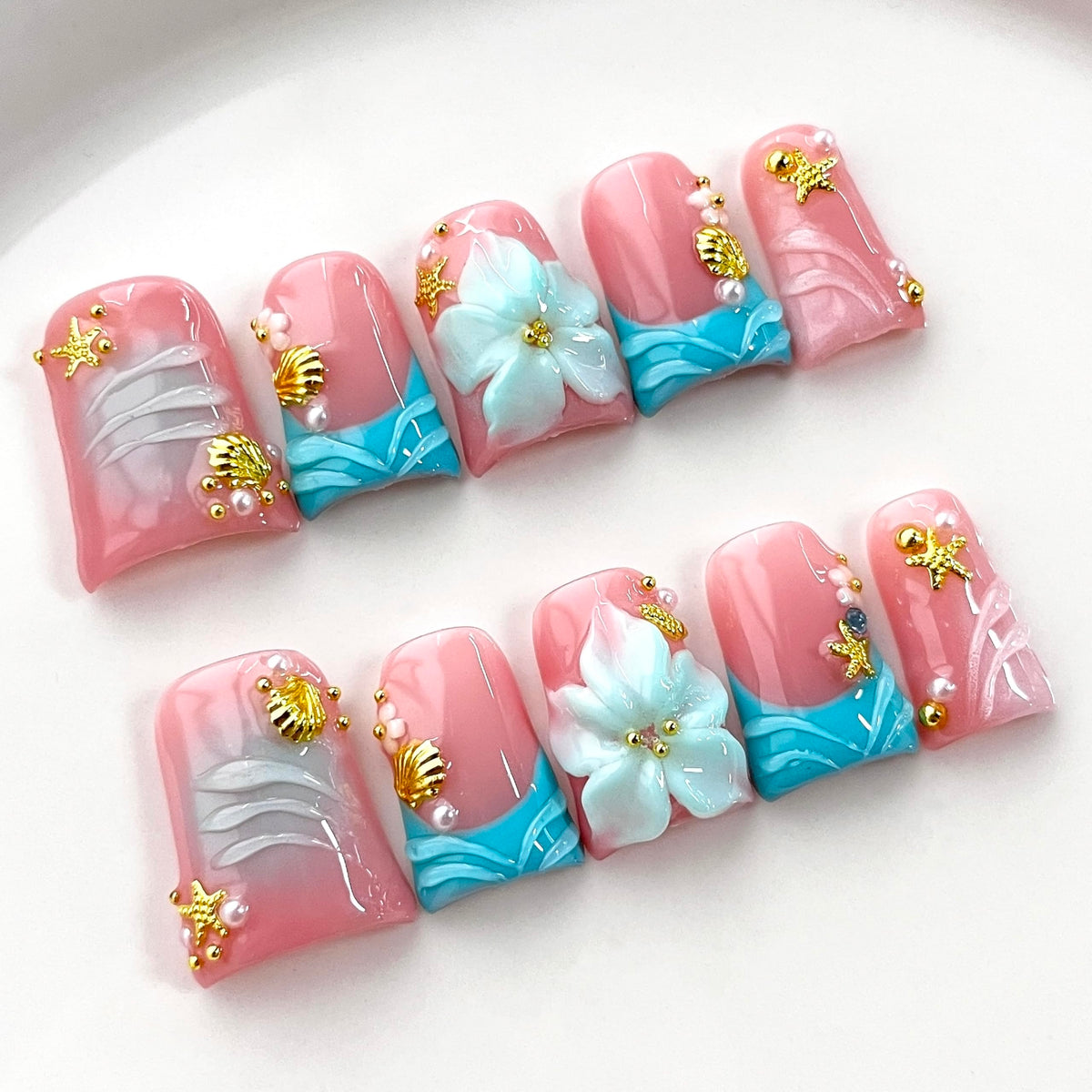 Handmade Press On Nails Short Square Nude 10PCS French Tip Fake Nails with 3D Gold Pearl Charms, Hand Painted Luxury Reusable Stick On Nails for Wedding Bridal Prom(M)