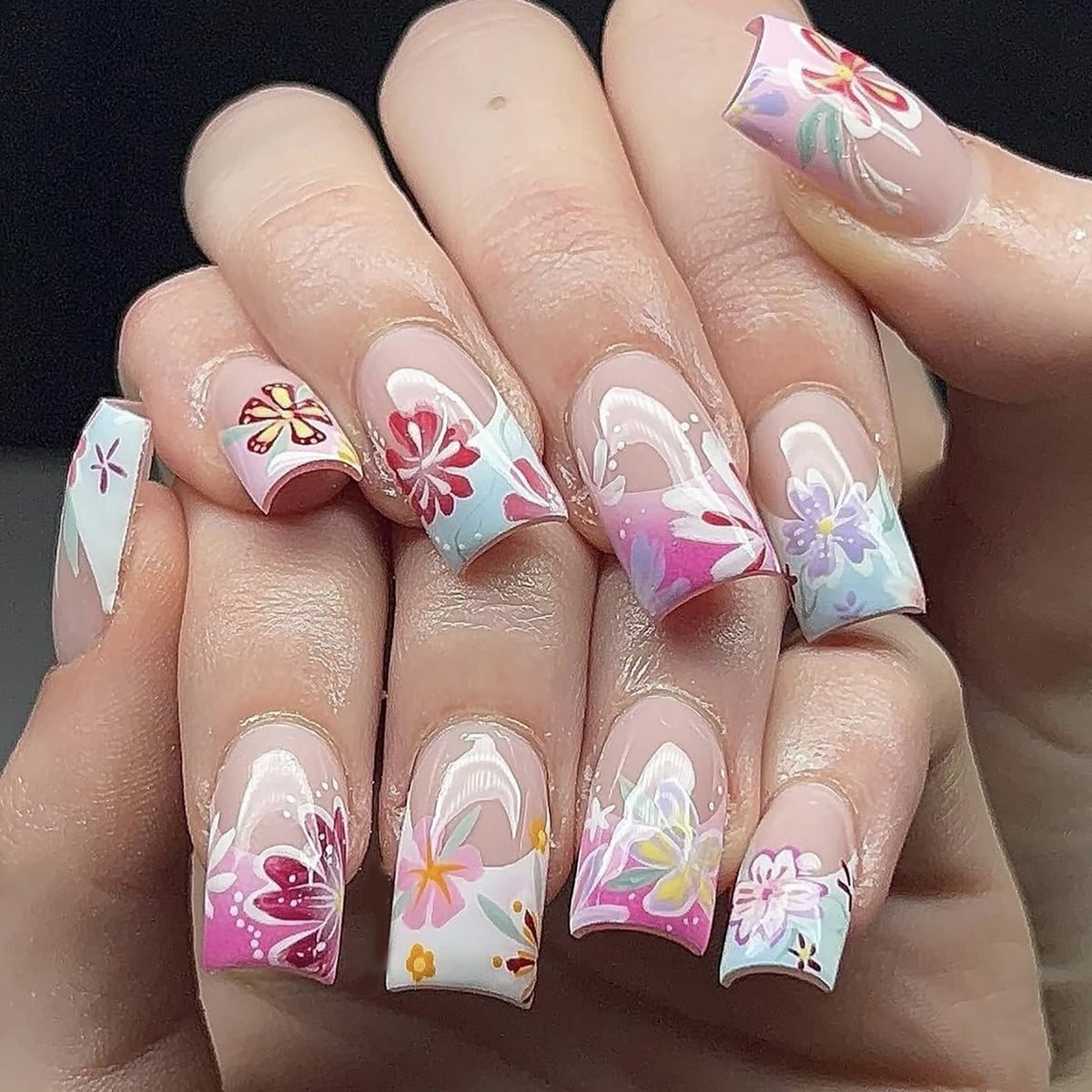 24Pcs Long Square Nude Pink White Nails Press ons Pearl Gold Flower Fake Nails Elegant False Nails Bridal Nails Glue on Luxurious Stick on Nails Casual Work for Girl Women Wedding Formal Occasions