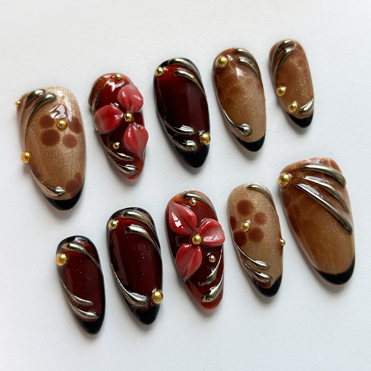 Press on Nails, Handmade Medium Almond Fake Nails, 3D Art False Fingernails with Design Full Cover Fake Nail, Glossy Acrylic Stick on Nails Artificial Nails for Women Manicure 10 Pcs (L)