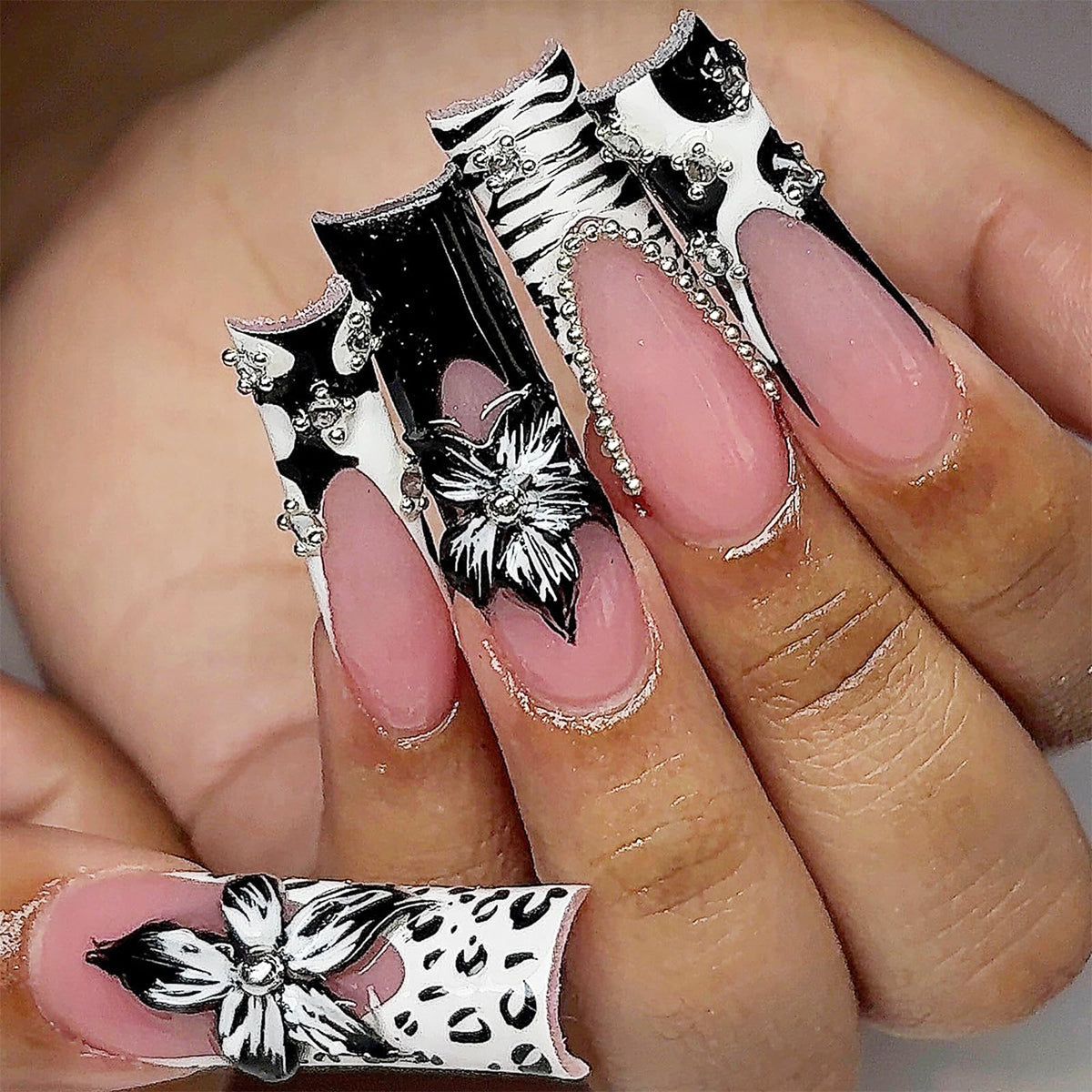 Long Square Press on Nails Bling Gold Chain & Crystal Nails,Fake Nails Artificial Stick on Nails for Women, Nude Pink Glam Prom Wedding Nails with Diamonds