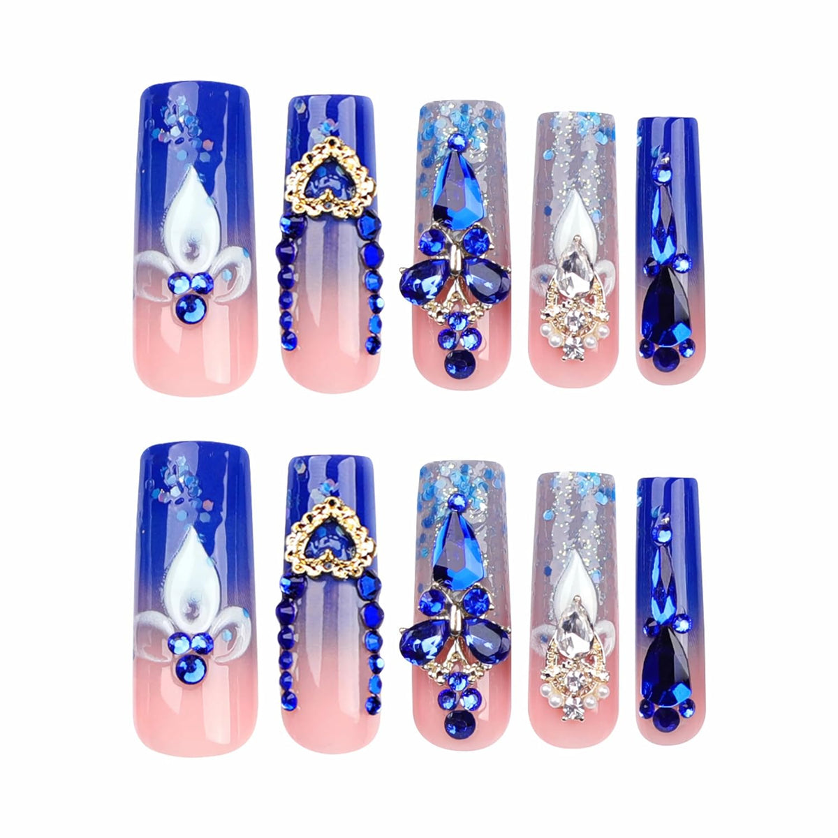BABALAL Long Square Press on Nails - Blue Fake Nails, Luxury 3D Butterfly Gold Heart Charm Bling Design Full Cover Acrylic Nails Squoval Set 24Pcs