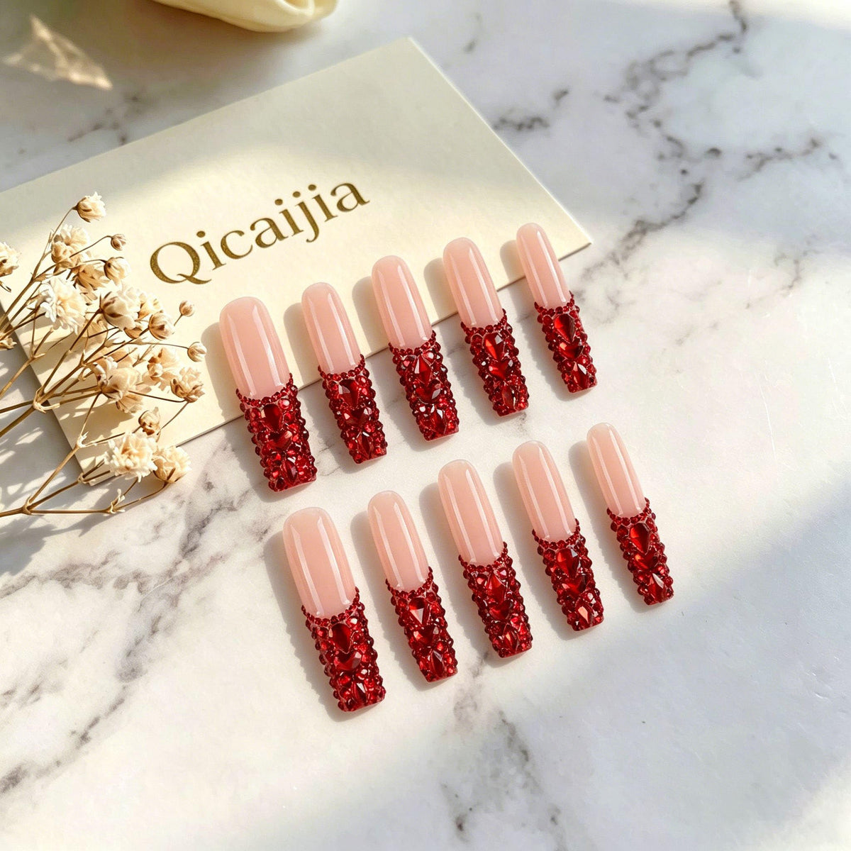 Luxury Handmade Press on Nails Long Coffin Fake Nails Rhinestone Crystal Full Cover False Nails with Glue with Designs Sparkly Long Acrylic Nail Reusable Stick on Nail for Women 10Pcs(Size M)