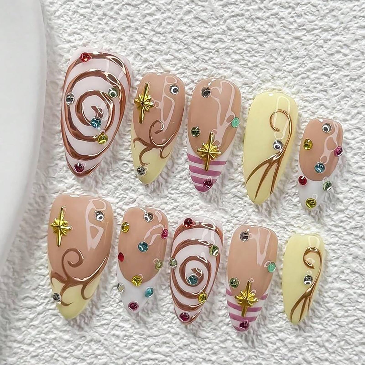 Handmade Almond Press on Nails Medium, Nude White French Tip Fake Nails with 3D White Flower Gold Metal Lines Pearl Decor, Glossy Reusable Full Cover False Nails for Women Wedding Daily(S)
