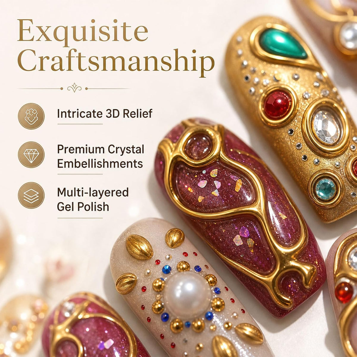 Medium Almond Press on Nails - 3D Gemstone & Gold Embossed Art, 24Pcs Reusable Fake Nails with Multi-layered gel polish finish, Salon level Fake Nails for Weddings, Parties, Special Events (ZF308)