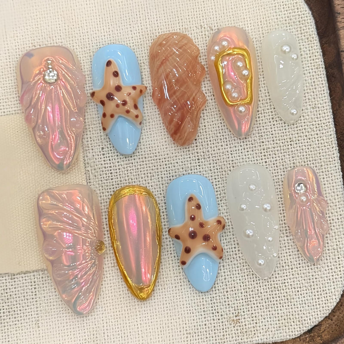 Nude Jelly Press on Nails Long Coffin, Handmade Luxury Rhinestone False Nails with Crystal & Pearl, Glossy Nude Ballerina Fake Nails Reusable Stick On Nails Set for Women 10Pcs
