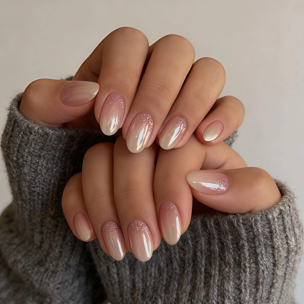 White French Tip Press On Nails Almond - KQueenest Chrome Press On Nails Medium, Glazed Natural Light Nude Fake Nails Press on, Reusable Glue on Nails Stick On Nail for Women Bridal Wedding
