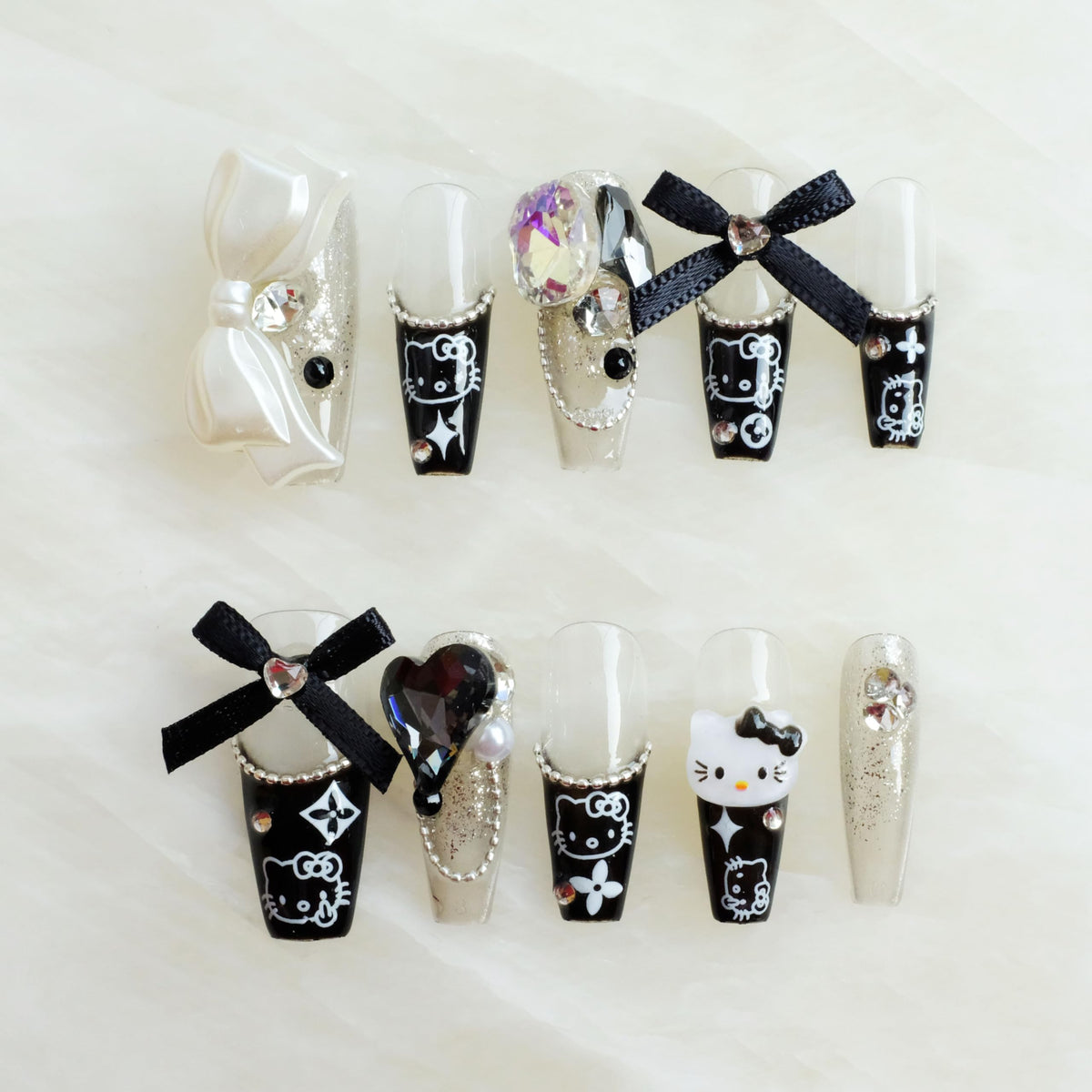 Luxury Handmade Press On Nails, Vintage Bohemian Style, Long Stiletto Shape, Crystal Heart Gems, Gold Stars Design, 10 Pieces (Large, LS)