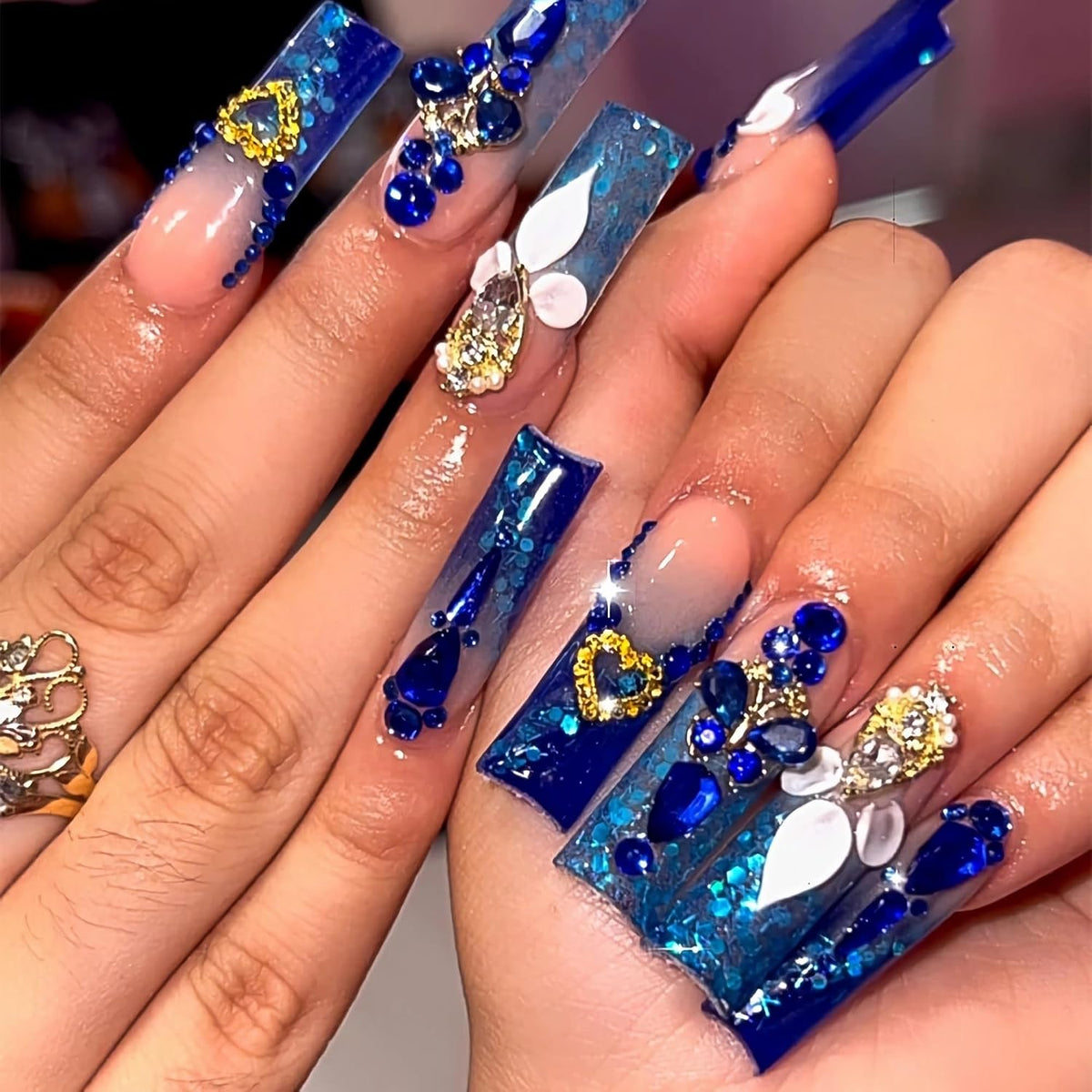 BABALAL Long Square Press on Nails - Blue Fake Nails, Luxury 3D Butterfly Gold Heart Charm Bling Design Full Cover Acrylic Nails Squoval Set 24Pcs