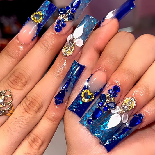 BABALAL Long Square Press on Nails - Blue Fake Nails, Luxury 3D Butterfly Gold Heart Charm Bling Design Full Cover Acrylic Nails Squoval Set 24Pcs