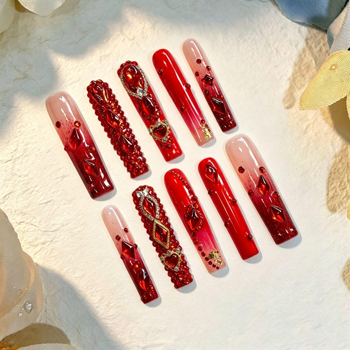 Luxury Handmade Press on Nails Long Coffin Fake Nails Rhinestone Crystal Full Cover False Nails with Glue with Designs Sparkly Long Acrylic Nail Reusable Stick on Nail for Women 10Pcs(Size M)