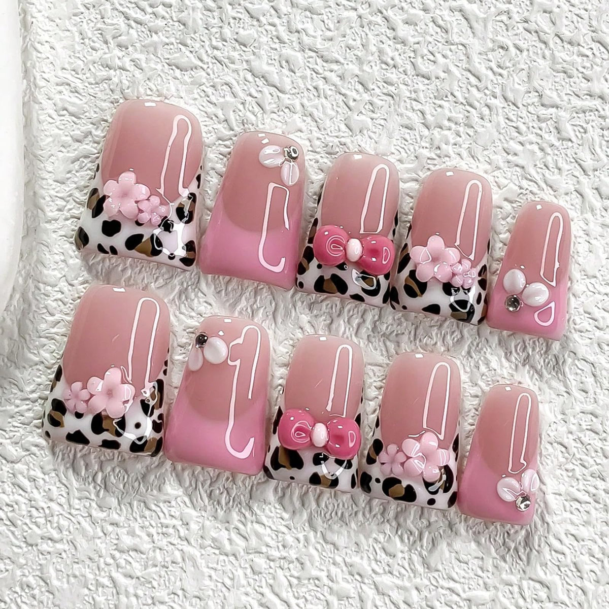 Handmade Press On Nails Short Square Nude 10PCS French Tip Fake Nails with 3D Gold Pearl Charms, Hand Painted Luxury Reusable Stick On Nails for Wedding Bridal Prom(M)
