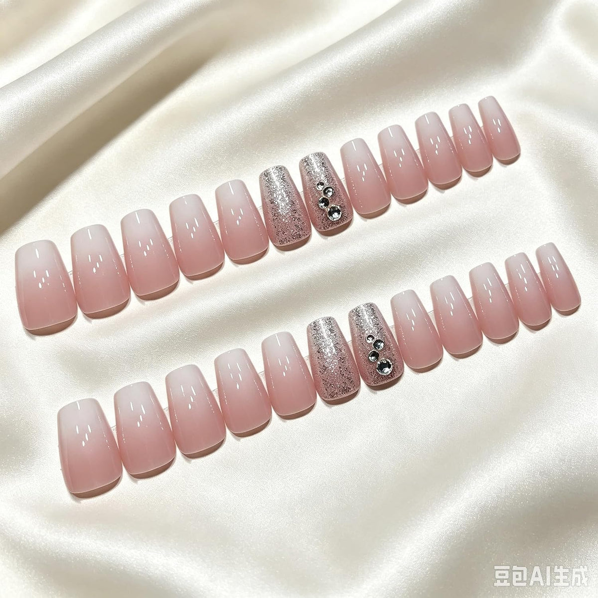 24Pcs Pink to White Ombre Press on Nails – Medium Square Glossy Fake Nails with 3D Crystal Glitter Accents – Reusable Full Set for Wedding