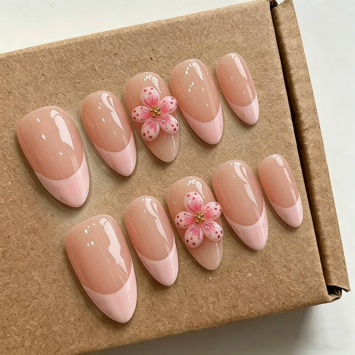 Handmade Almond Press on Nails Medium, Nude White French Tip Fake Nails with 3D White Flower Gold Metal Lines Pearl Decor, Glossy Reusable Full Cover False Nails for Women Wedding Daily(S)