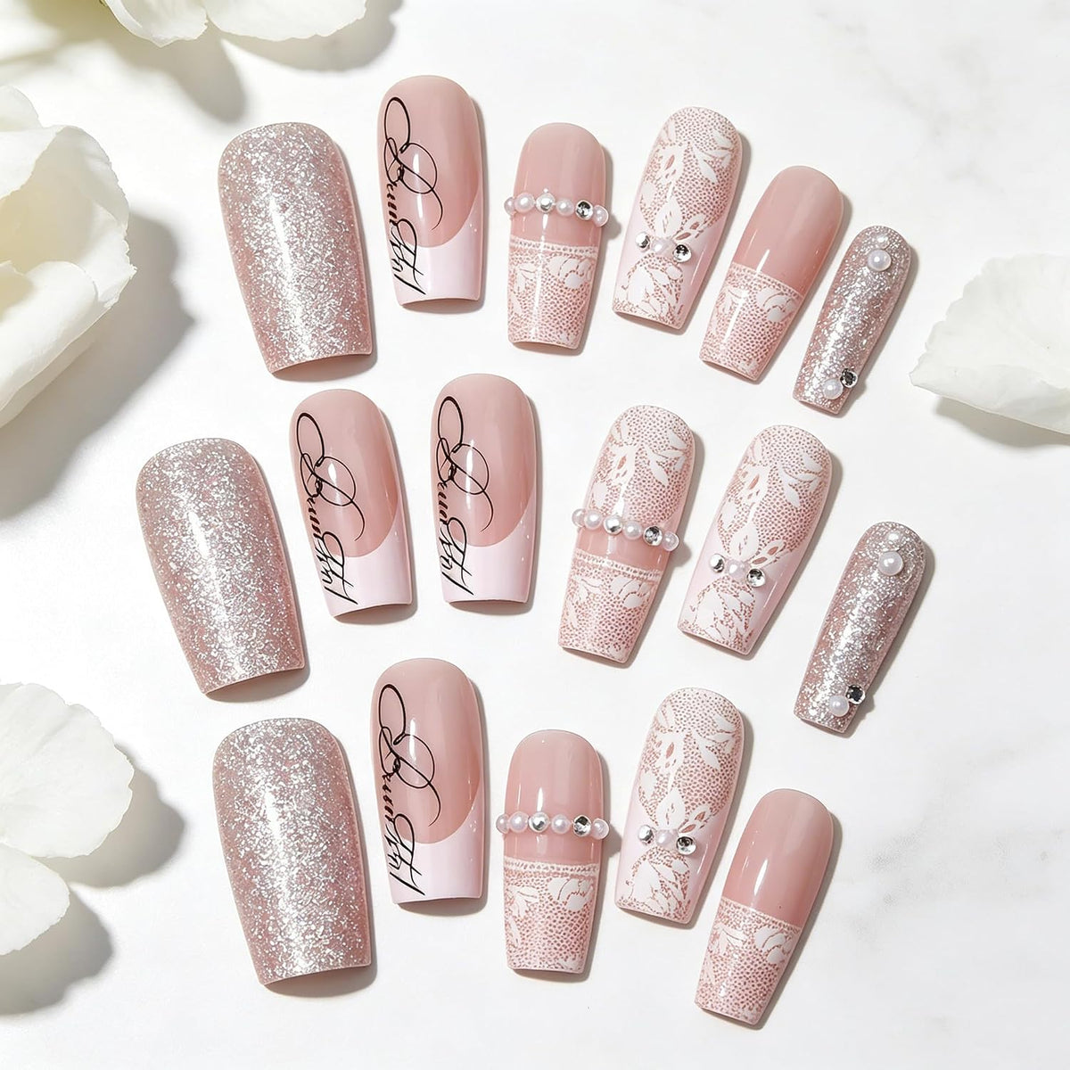 BABALAL Press On Nails Long Square Fake Nails Nude Pink White French Tip Lace Pearl Rhinestone Glossy Bridal Wedding Glue On Nails 24Pcs
