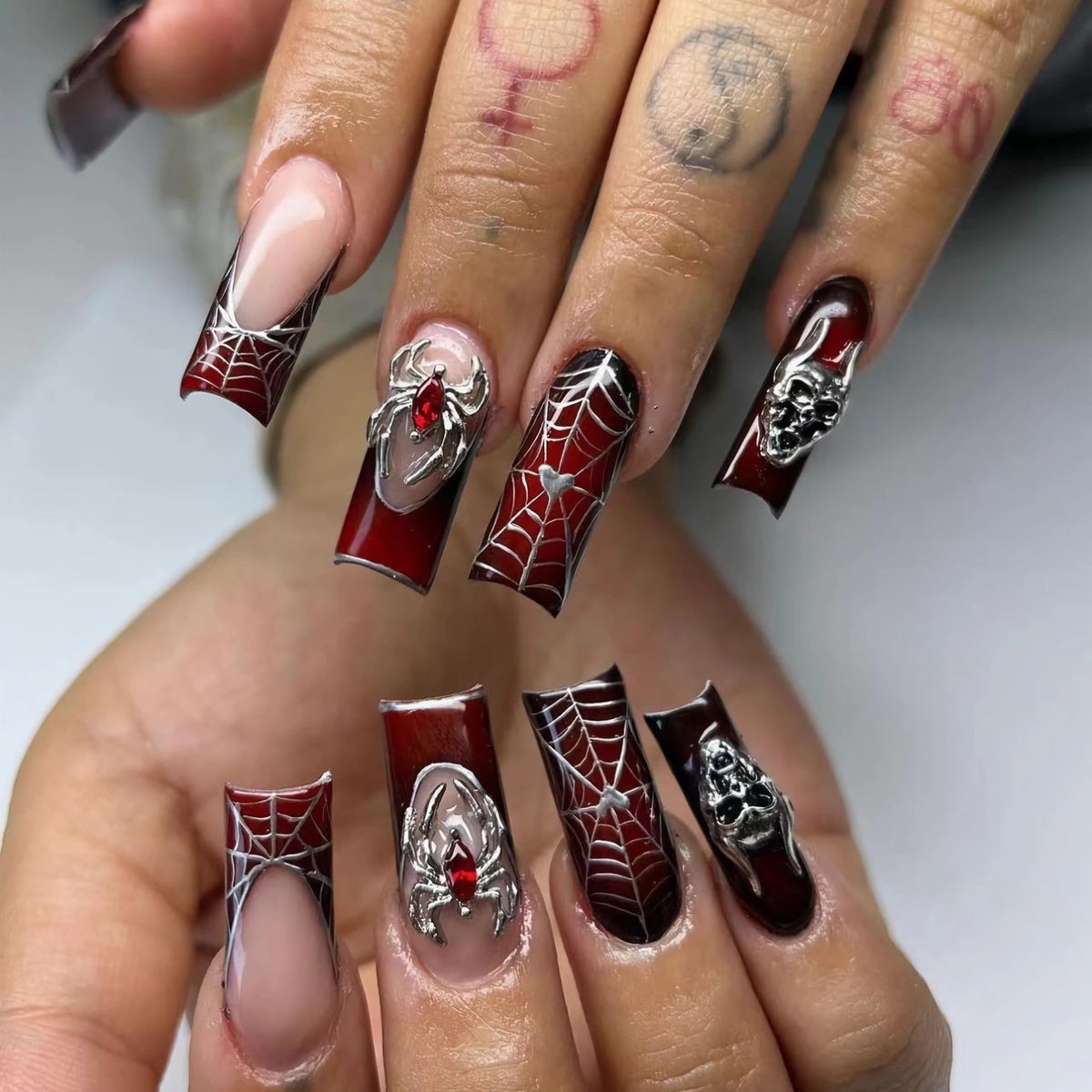 BABALAL Long Square Press on Nails - Blue Fake Nails, Luxury 3D Butterfly Gold Heart Charm Bling Design Full Cover Acrylic Nails Squoval Set 24Pcs