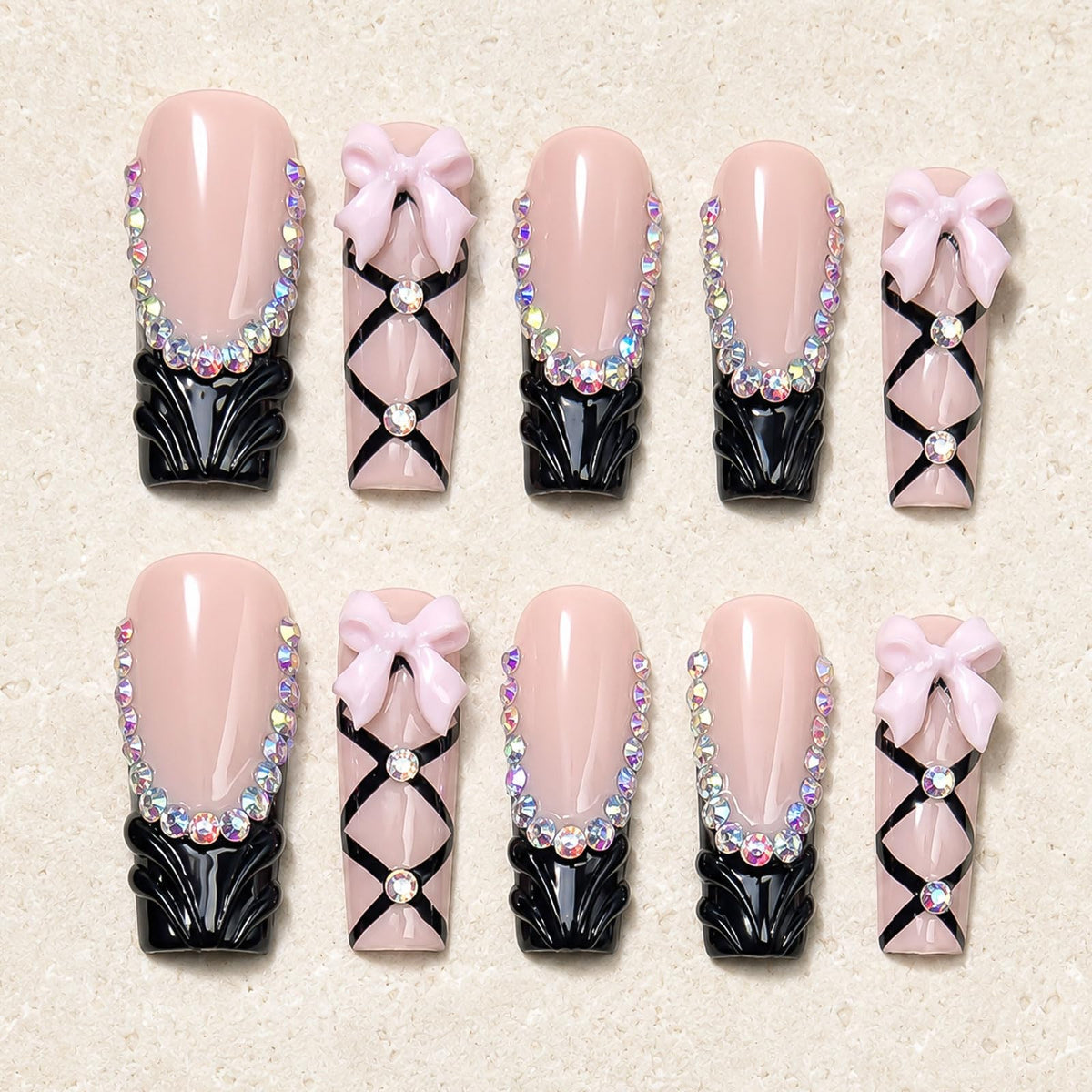 Long Square Handmade Press on Nails - White French Tip Acrylic Fake Nails with Crystals Gems, Elegant Bridal Reusable False Nails for Wedding Manicure 10 Pack (Size M)
