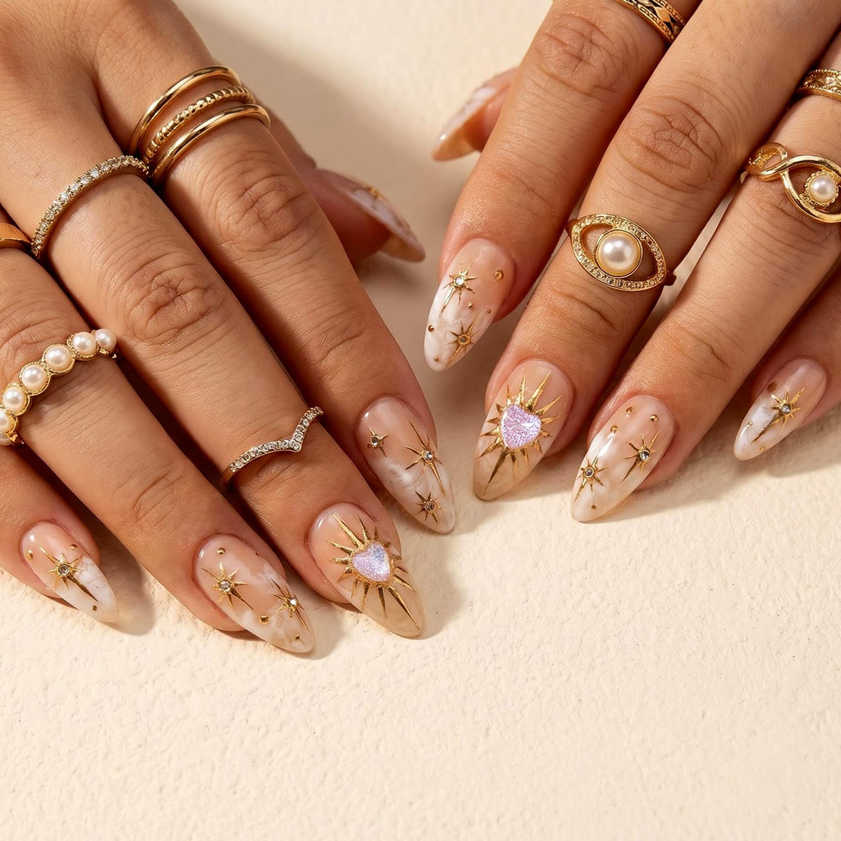 Medium Almond Press On Nails, Milky Nude Fake Nails with White French Tips, Gold Outline Design, Rhinestone and Pearl Accents, Glossy Reusable Glue On Nails for Women Wedding, 24PCS