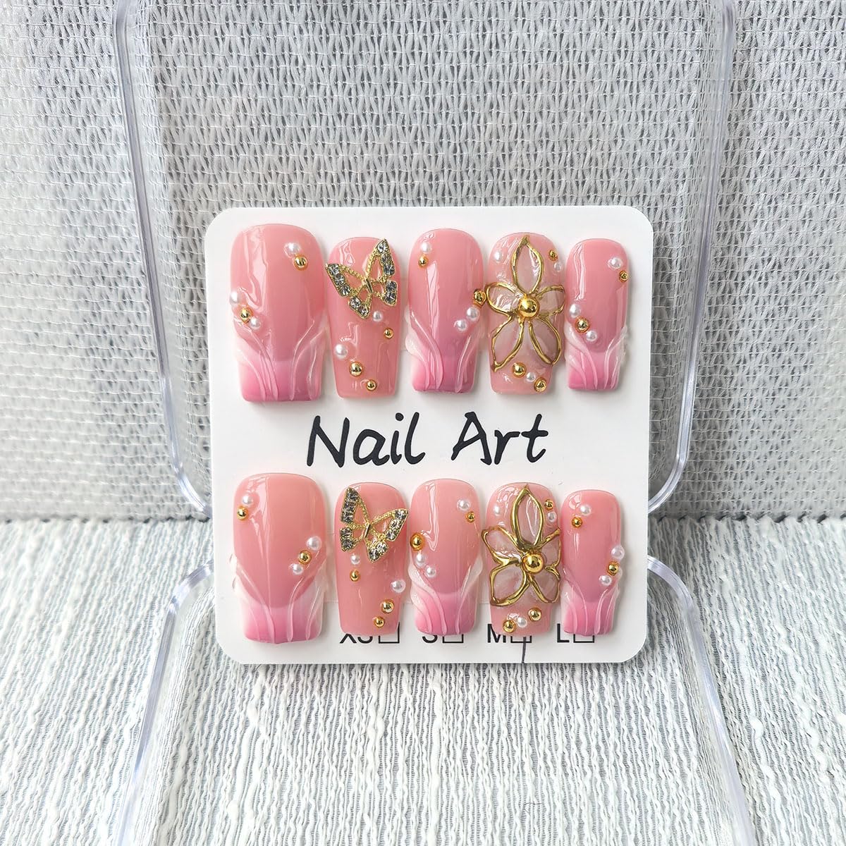 Handmade Press on Nails Medium Square Fake Nails Green Ombre French Tip with 3D Flower Designs luxury Rhinestones Glossy Cute Acrylic Nails for Women 10pcs (Size M）
