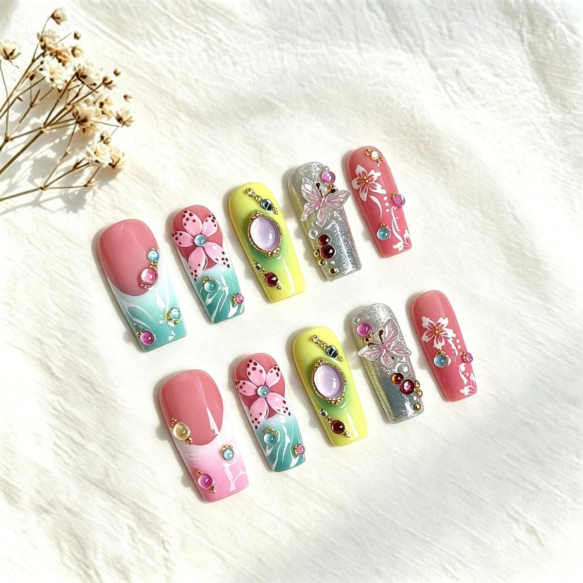 Luxury Handmade Press on Nails Long Coffin Fake Nails Rhinestone Crystal Full Cover False Nails with Glue with Designs Sparkly Long Acrylic Nail Reusable Stick on Nail for Women 10Pcs(Size M)