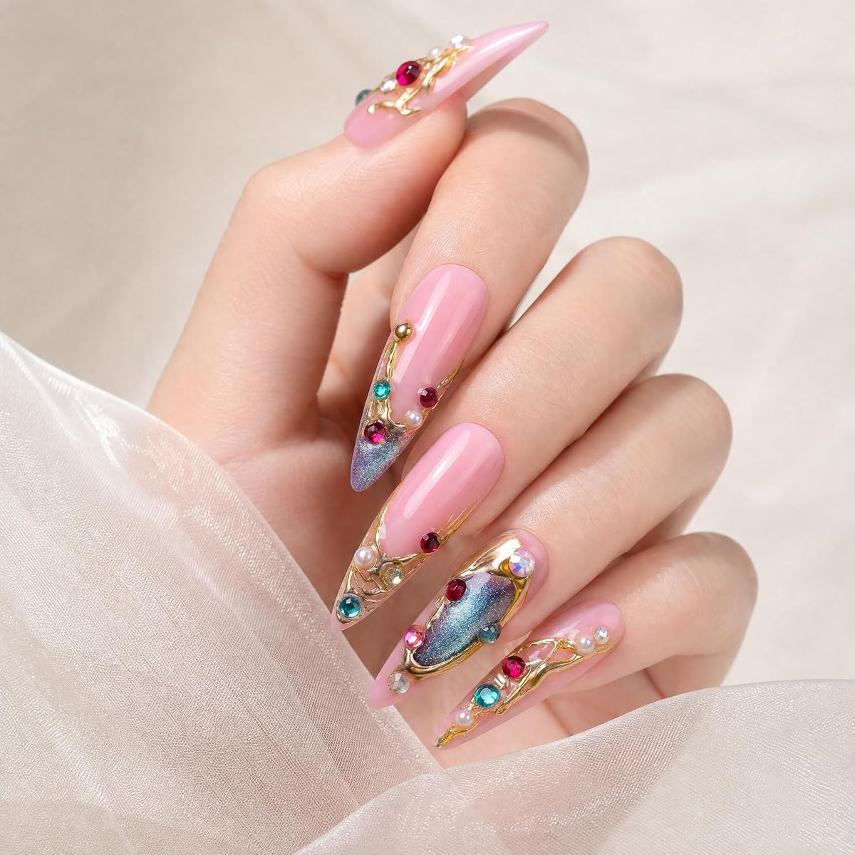 Luxury Handmade Press on Nails Long Stiletto Acrylic Fake Nails with Rhinestone Pearl Designs Glossy Full Cover Reusable Stick on Nails for Women Manicure 10Pcs