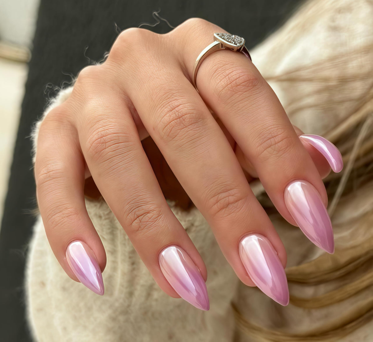 White French Tip Press On Nails Almond - KQueenest Chrome Press On Nails Medium, Glazed Natural Light Nude Fake Nails Press on, Reusable Glue on Nails Stick On Nail for Women Bridal Wedding