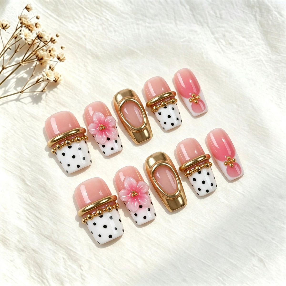 Handmade Press on Nails Medium Square Brown Gradient False Nails with 3D Flower and Swirl Design French Tip Fake Nails Luxury Reusable Acrylic Nails Press Ons for Women 10Pcs (Size M)
