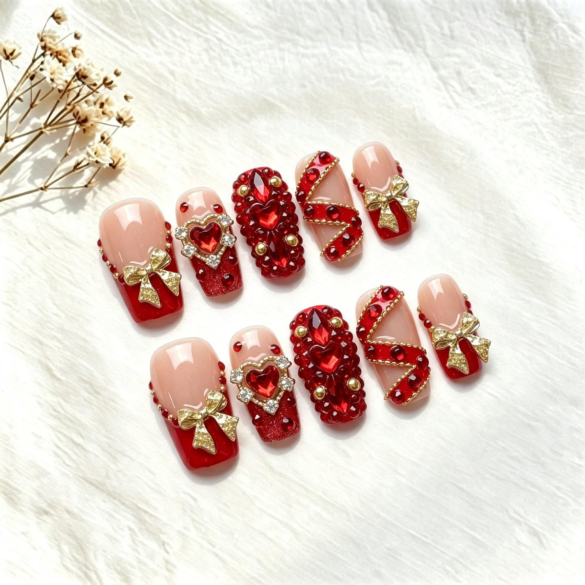 Handmade Press on Nails Medium Square Brown Gradient False Nails with 3D Flower and Swirl Design French Tip Fake Nails Luxury Reusable Acrylic Nails Press Ons for Women 10Pcs (Size M)