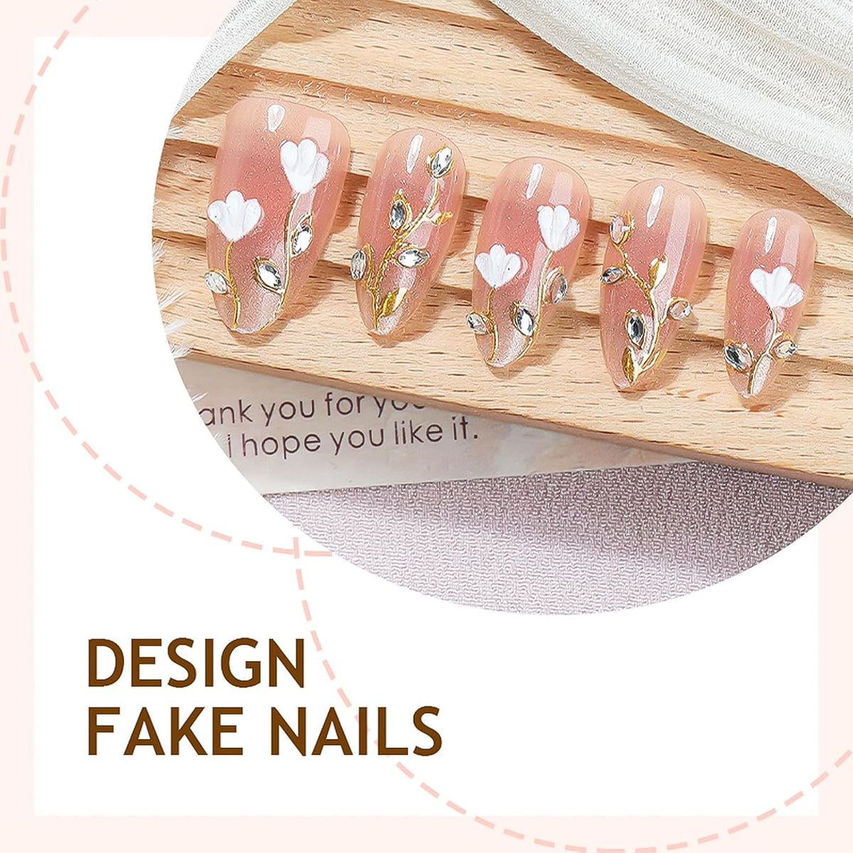 Press on Nails Medium Almond - 3D Gold Flower Vines with Rhinestone Fake Nails, Nude Pink Jelly Champagne Shimmer French Tip Bridal False Nails for Women, 30 Pcs