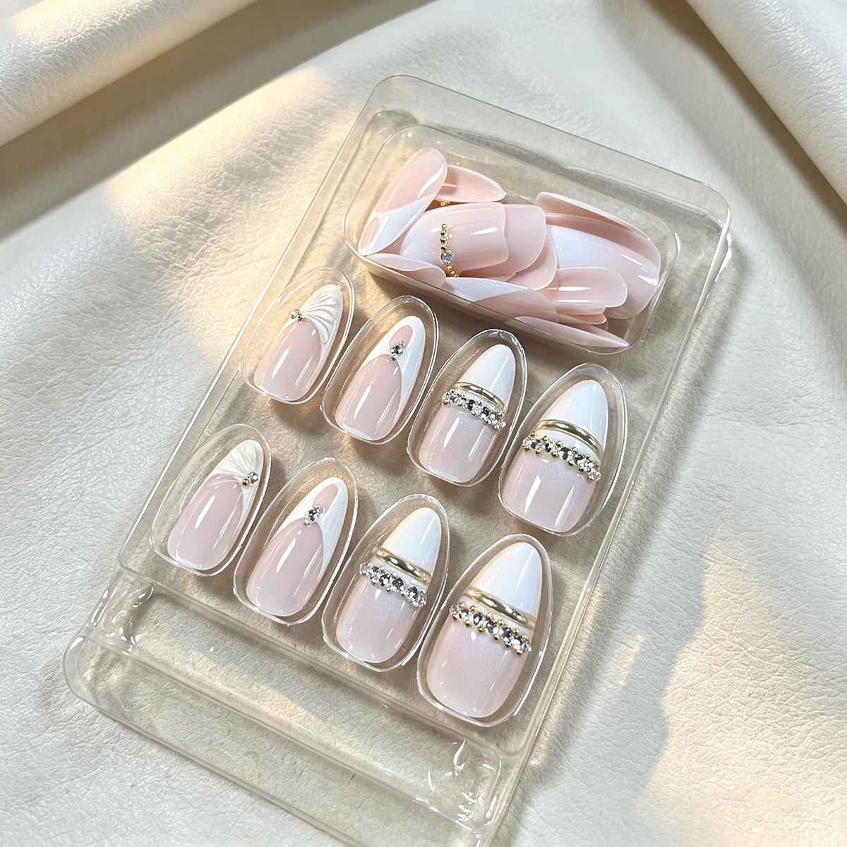 MERVF Medium Almond Press on Nails - White Ombre French Tip Fake Acrylic Nails, Rhinestones Gold Rings Design Wedding Glossy Finish 24pcs