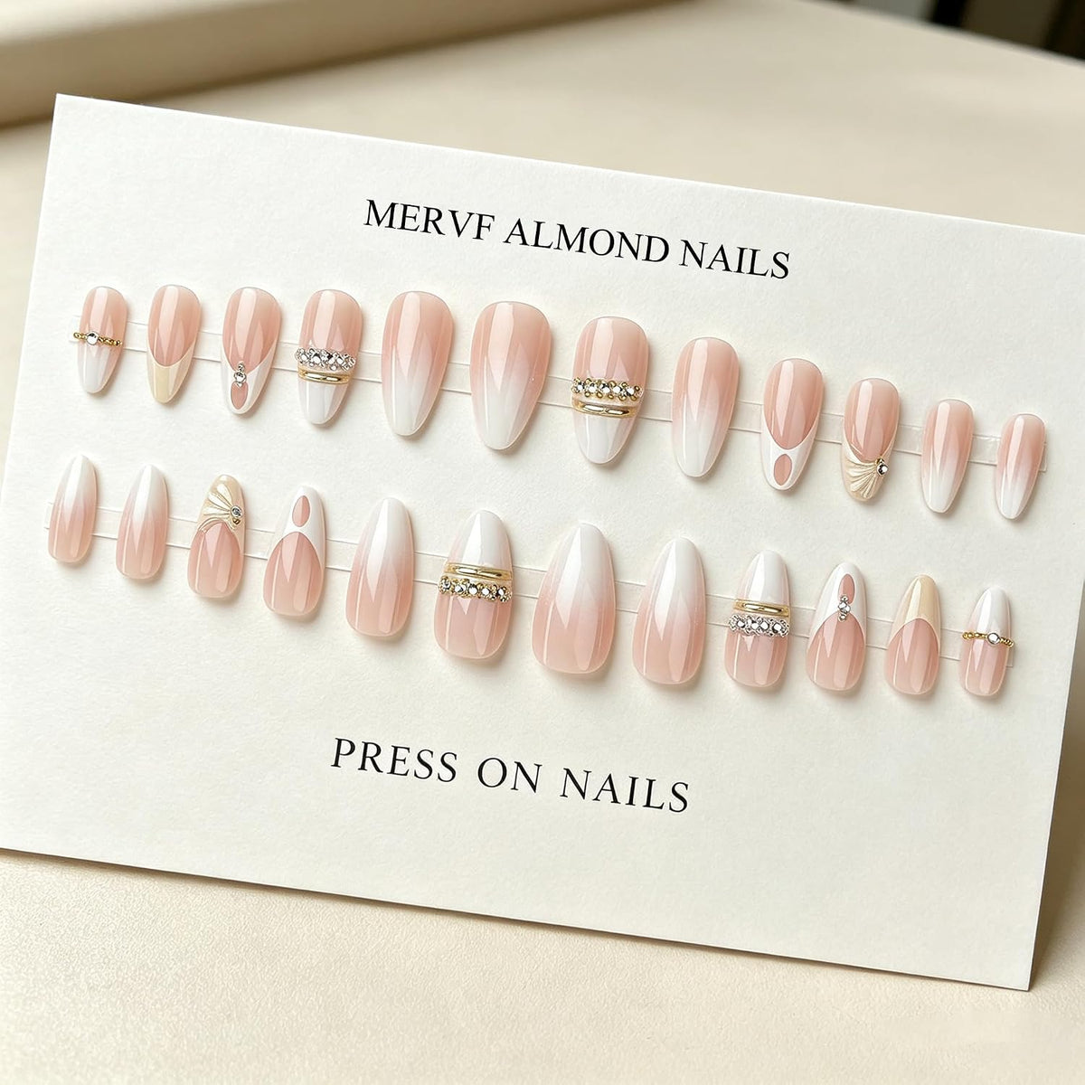 MERVF Medium Almond Press on Nails - White Ombre French Tip Fake Acrylic Nails, Rhinestones Gold Rings Design Wedding Glossy Finish 24pcs