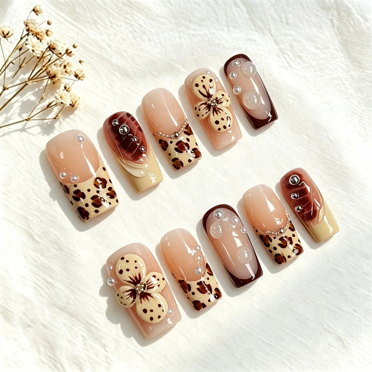 Handmade Press on Nails Medium Square Brown Gradient False Nails with 3D Flower and Swirl Design French Tip Fake Nails Luxury Reusable Acrylic Nails Press Ons for Women 10Pcs (Size M)