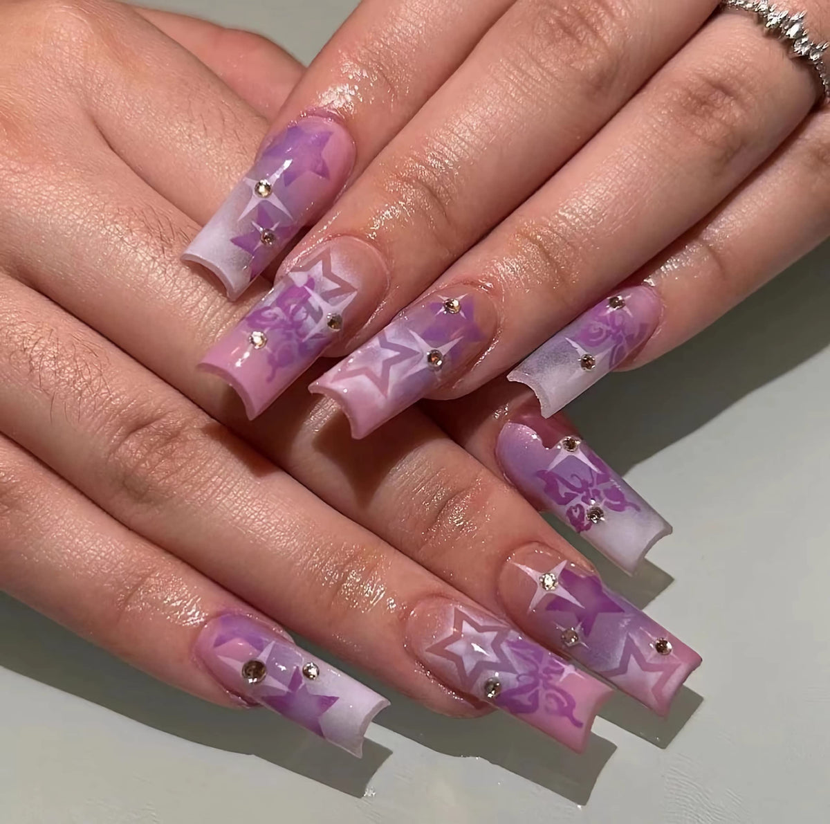 BABALAL Long Square Press on Nails - Blue Fake Nails, Luxury 3D Butterfly Gold Heart Charm Bling Design Full Cover Acrylic Nails Squoval Set 24Pcs