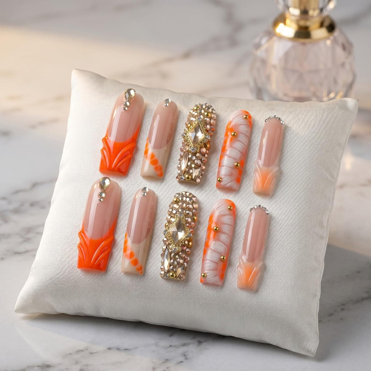 Handmade Press on Nails XL Long Square - Extra Long Orange French Acrylic Fake Nails with 3D Sculpted & Luxury Crystal Gems, Luxury Baddie Reusable False Nails 10 Pack (Size M)