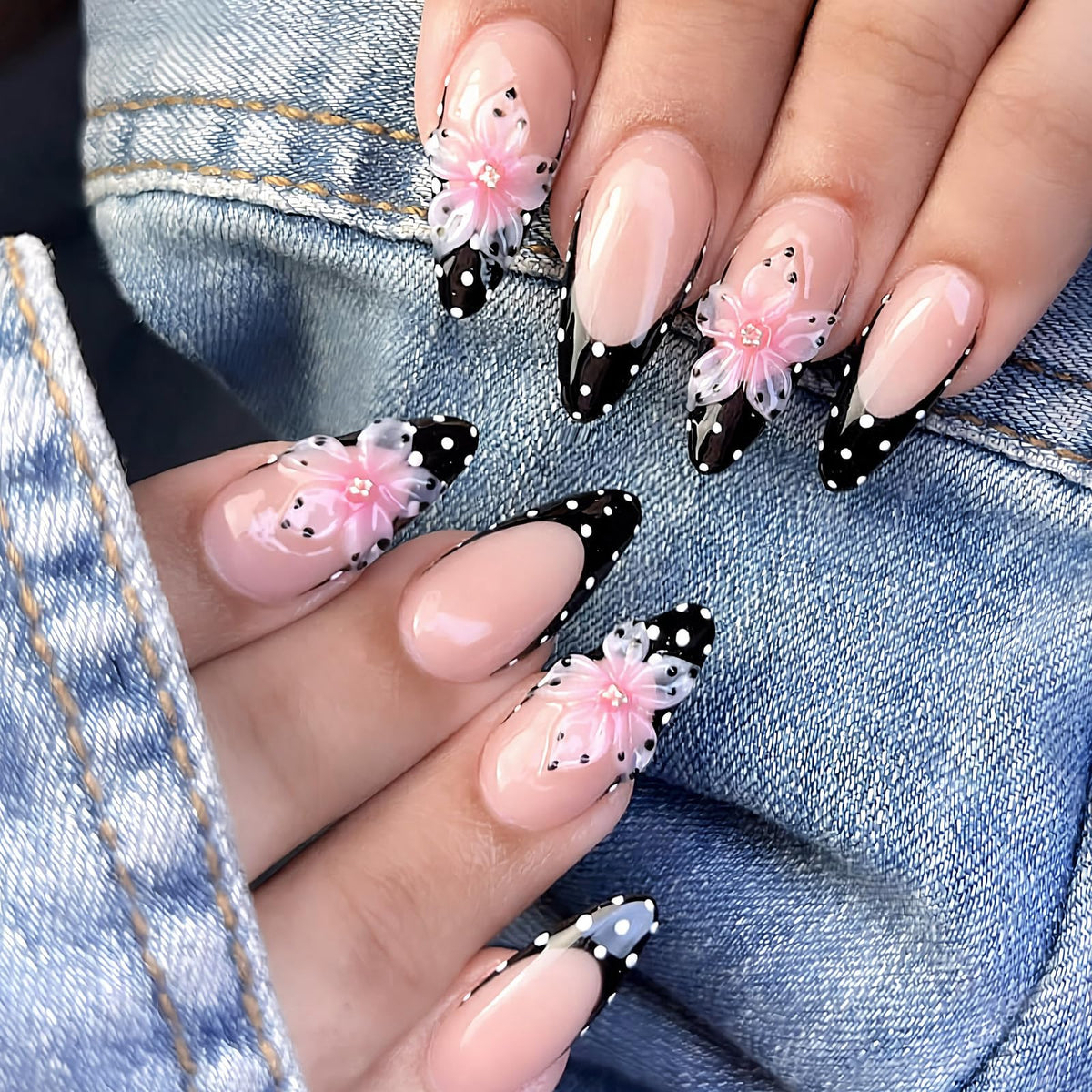 Bridal Press on Nails Short Almond Nude 3D White Floral Lace Pearl Wedding