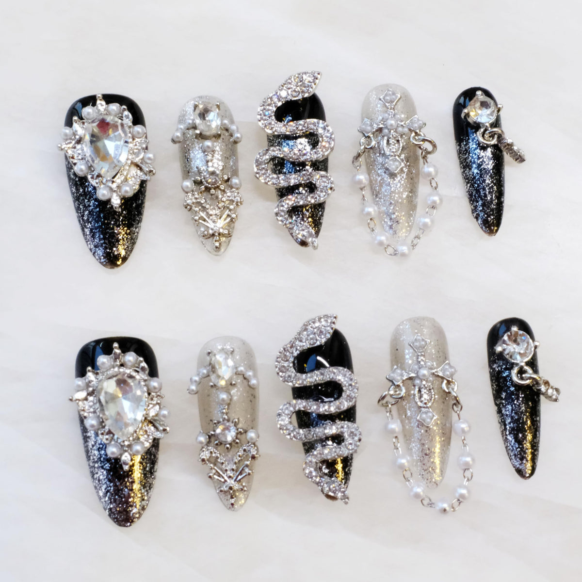 Luxury Handmade Press On Nails, Vintage Bohemian Style, Long Stiletto Shape, Crystal Heart Gems, Gold Stars Design, 10 Pieces (Large, LS)